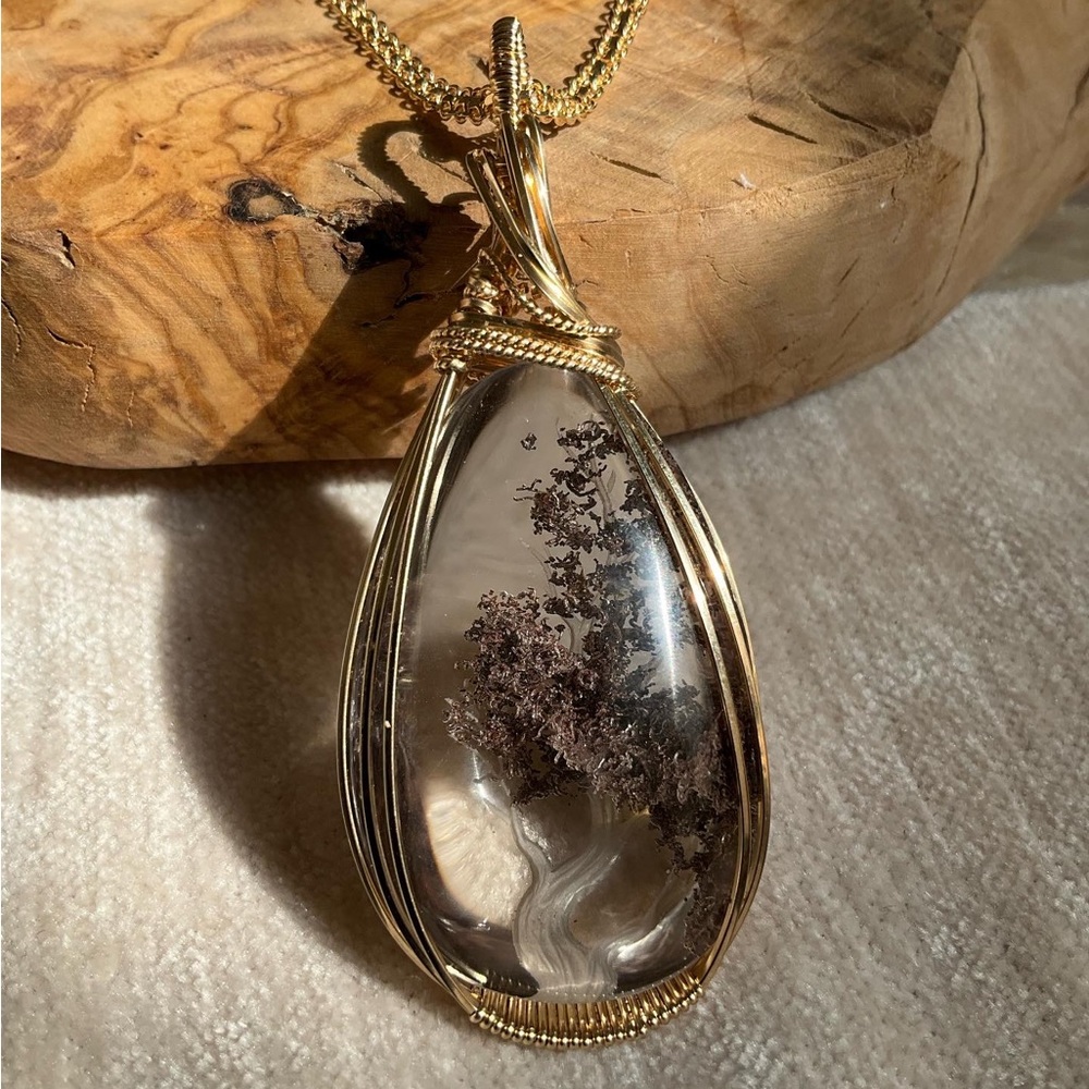 14k Gold Filled  Lodolite Quartz Unisex Tree of Life Carved Necklace Pendant